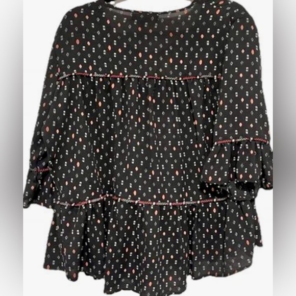 Star Scene Black Floral Peasant‎ Blouse Ruffle Sleeves Boho Cottagecore Size L - Picture 4 of 13